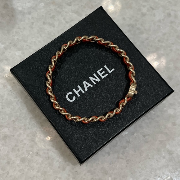 Chanel CC Orange Leather Woven Chain Bangle Bracelet 21CM - Picture 6 of 10